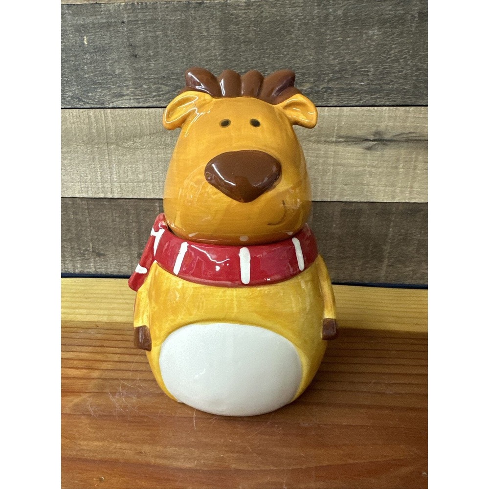 David’s Cookies 9.5” Reindeer Christmas Cookie Jar, Red White Scarf, Ceramic